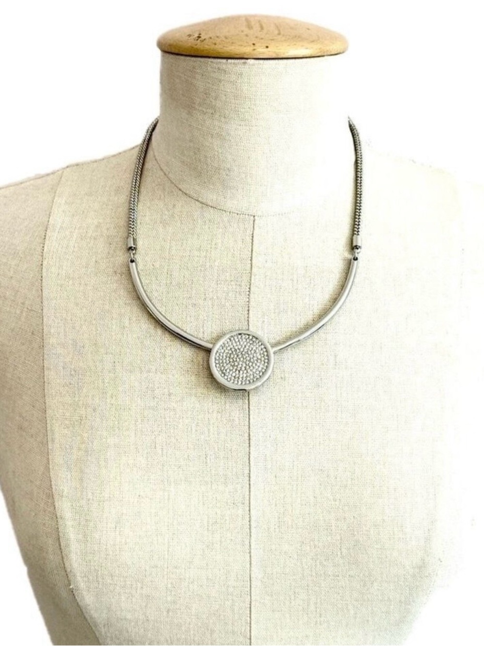 CHICO’s Silver Pave Crystalized Medallion Collar Bib Necklace NWOT